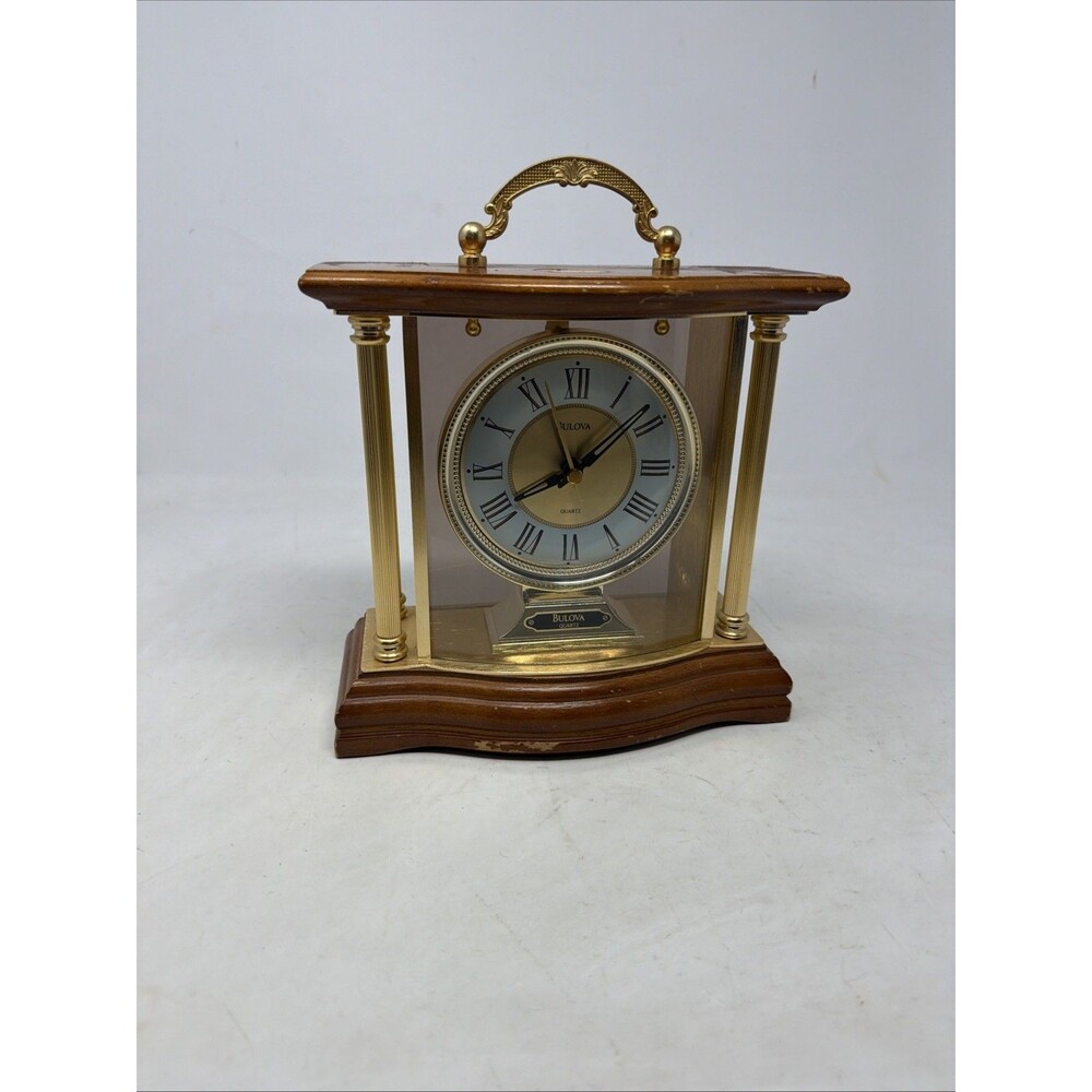 Vintage Bulova Quartz Carriage Mantle Clock Brass Glass Wood Case Roman Numeral
